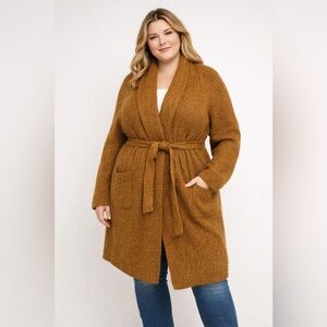 Ava & Viv Brown Chunky Knit Long Belted Cardigan Sweater Duster Plus Size 1X